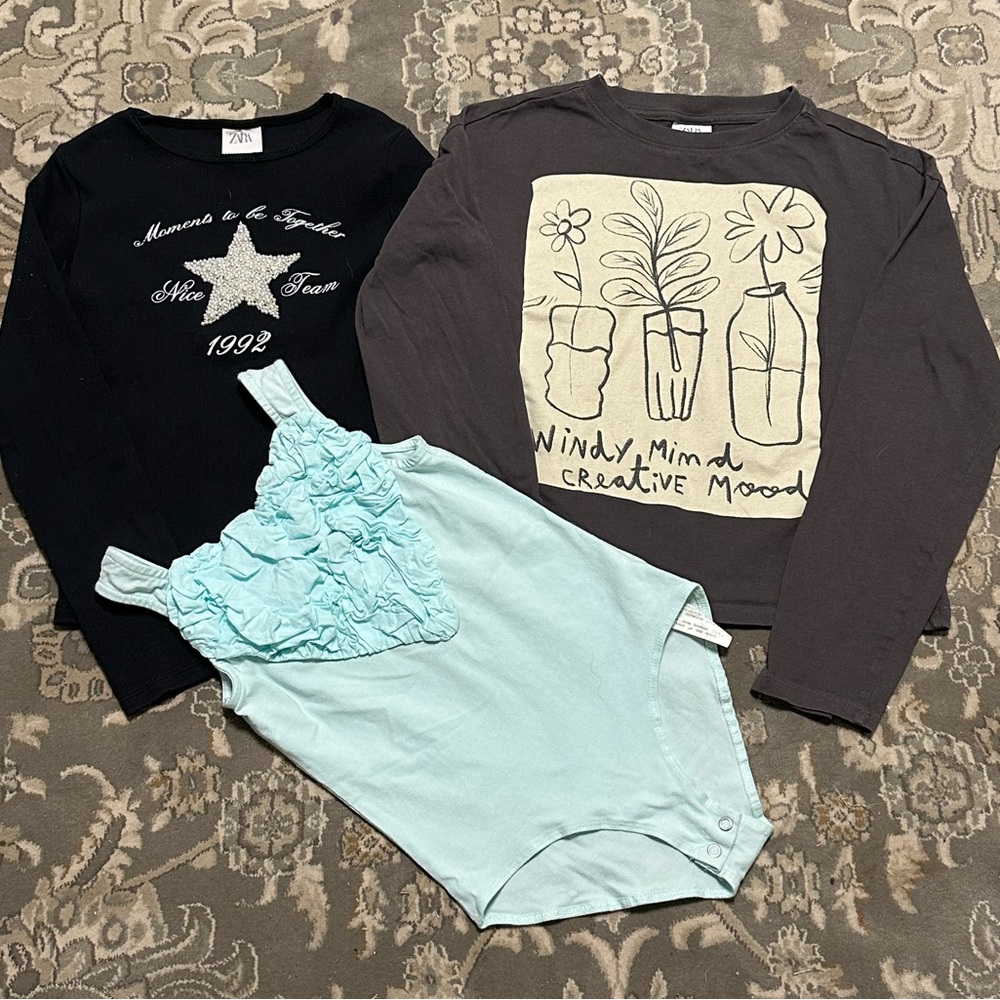 Zara Kids Black and Gray Long Sleeve Tops with Blue Ruffle Bodysuit Bundle